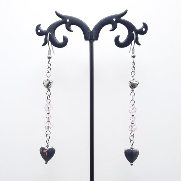 Hematite Heart Love Silver Pink Dangle Drop Earrings Handmade Jewelry - Picture 5 of 7